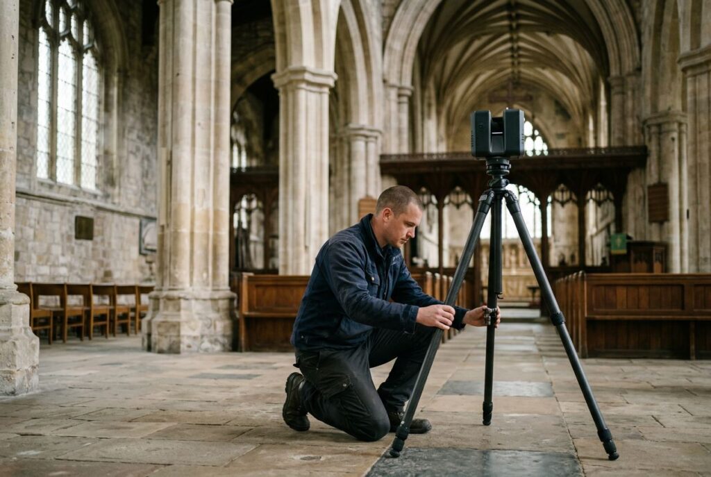 Technician setting up a 3D laser scanner on a tripod inside a stone church nave