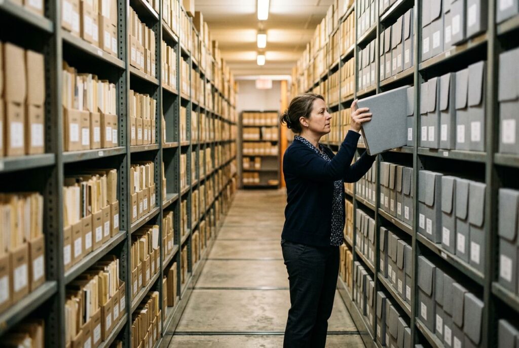 Person retrieving a box file from tall rolling shelves in an archive room