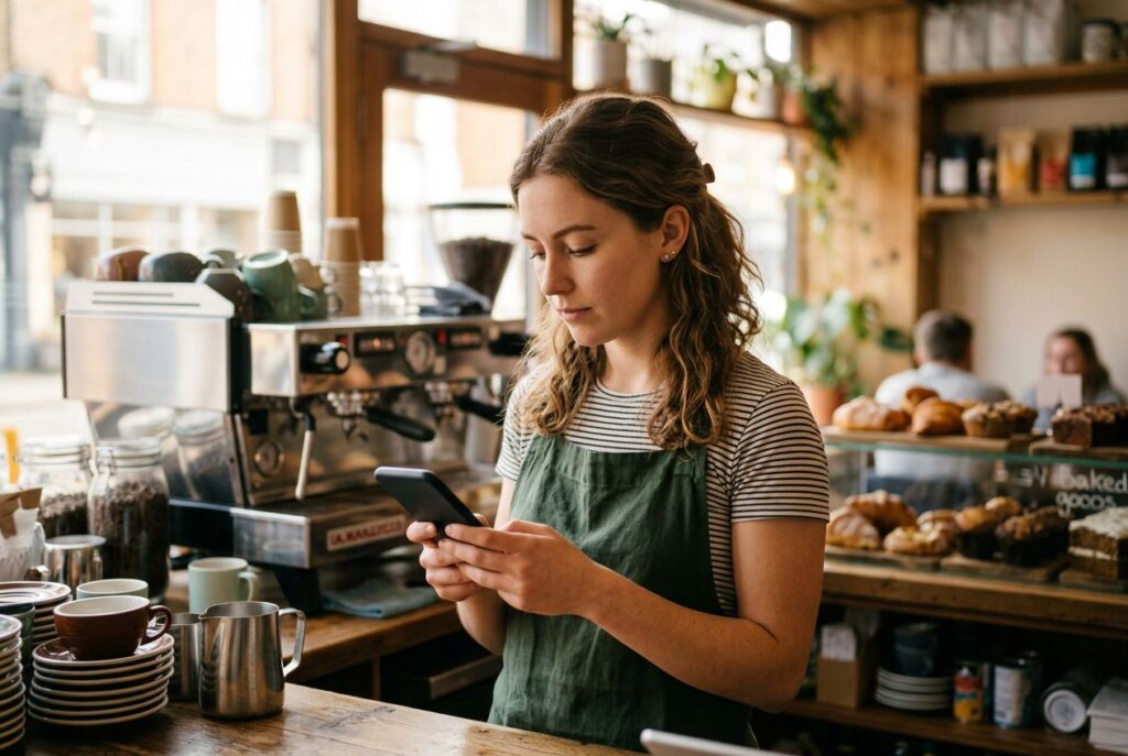 Small business owner checking her phone behind the counter of her café
