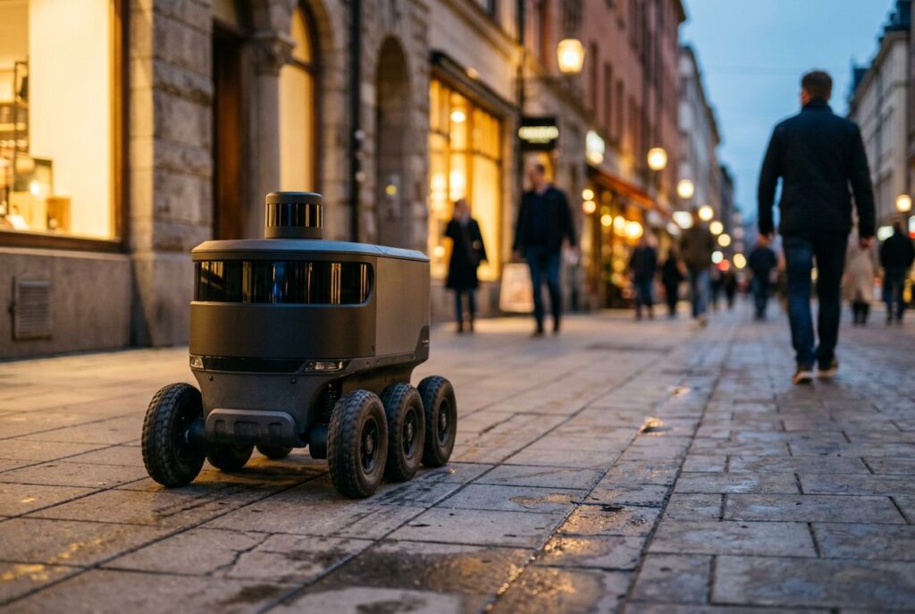 Autonomous delivery robot with a 3D LiDAR scanner on its roof, on a city sidewalk at dusk