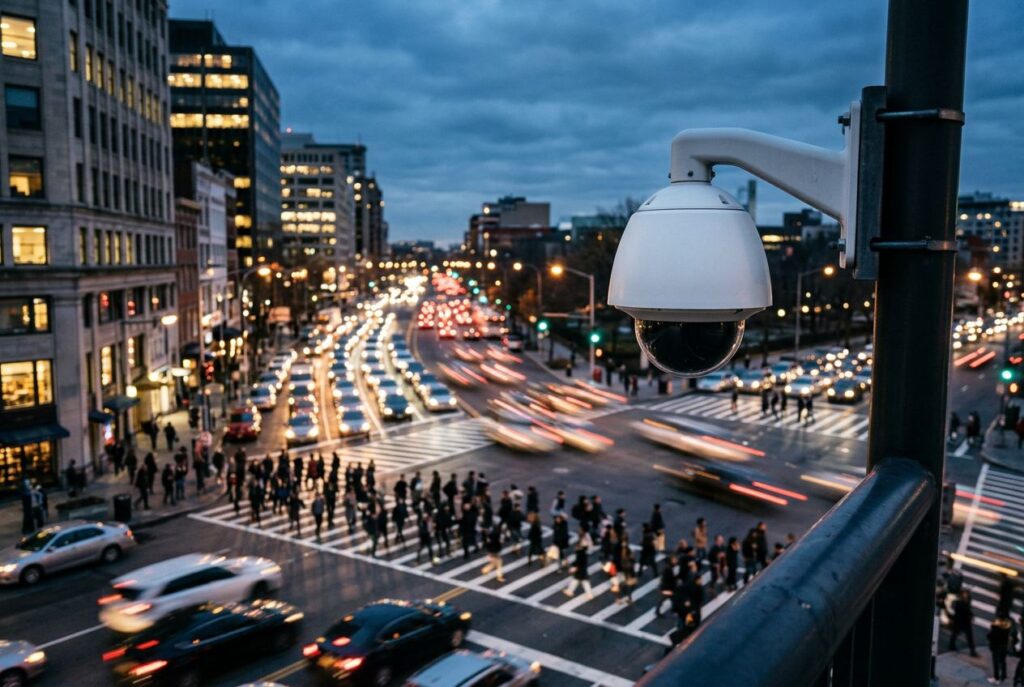 Dome security camera overlooking a busy city intersection at dusk