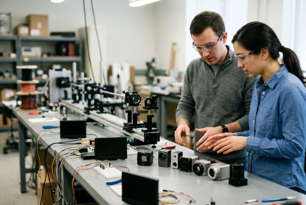 Engineers comparing several LiDAR units lined up on an optics lab test bench