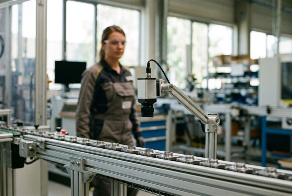 Industrial vision camera above a factory conveyor belt, an example of AI running on an edge device