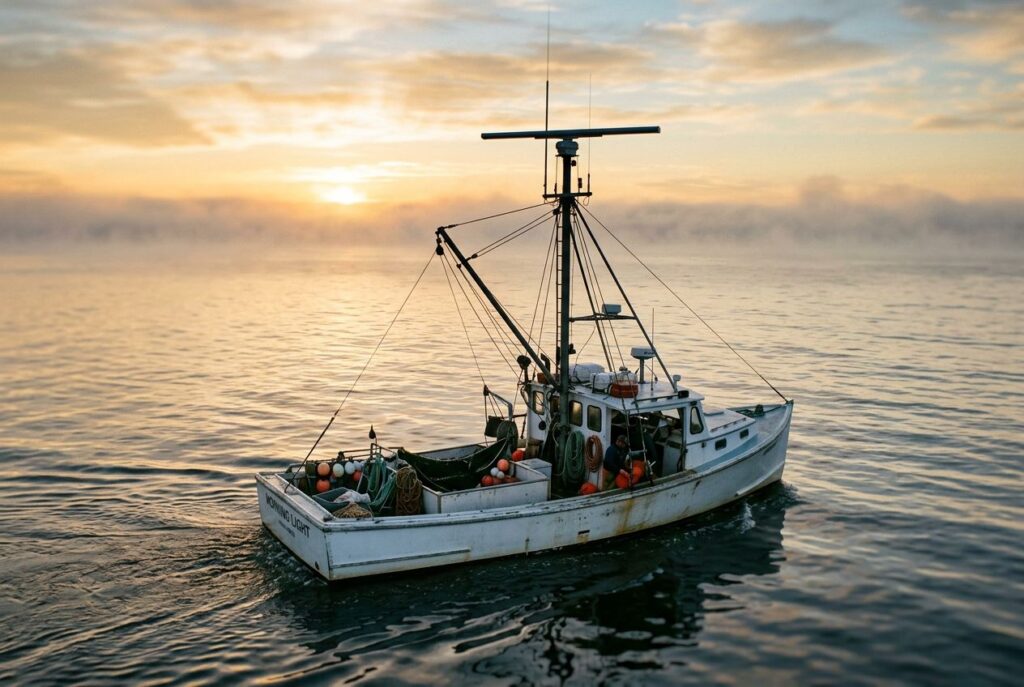 Fishing boat at dawn with a marine radar antenna on its mast