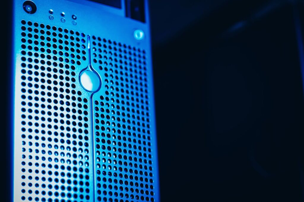 Blue server rack in a data center, illustrating vector database infrastructure