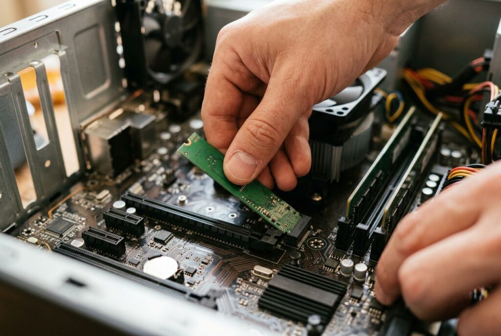 Hands installing an M.2 accelerator card into a motherboard slot inside a PC case