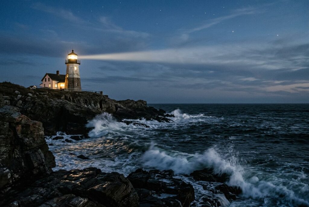 Lighthouse beam sweeping over the sea at dusk