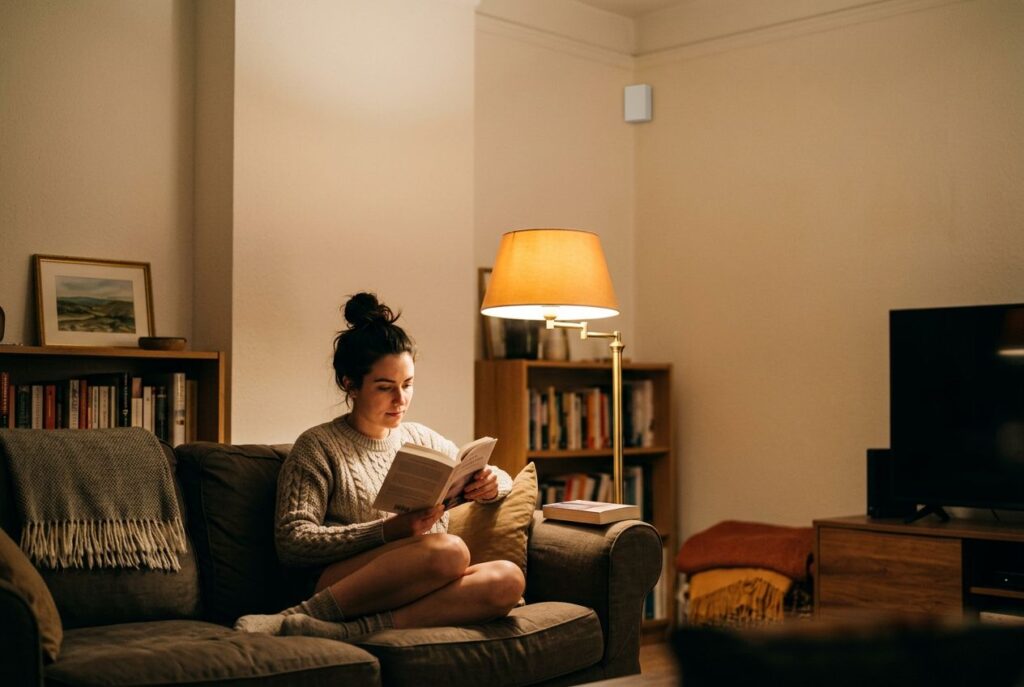 Living room with a small presence sensor mounted near the ceiling while a woman reads on the sofa