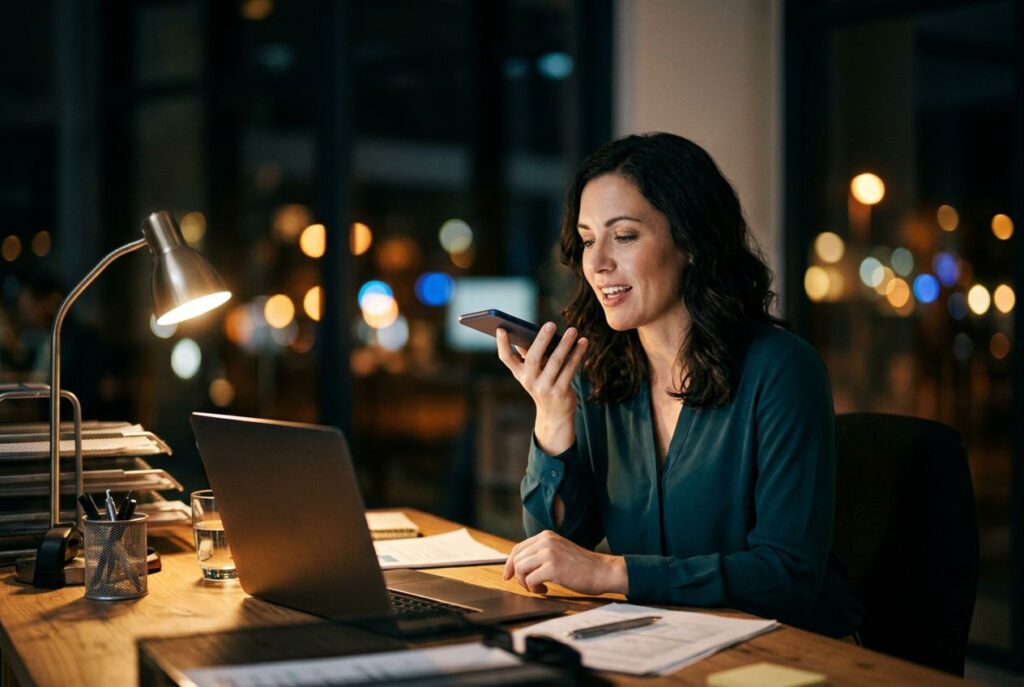 Marketing manager asking an AI assistant a question on her phone at her desk at night