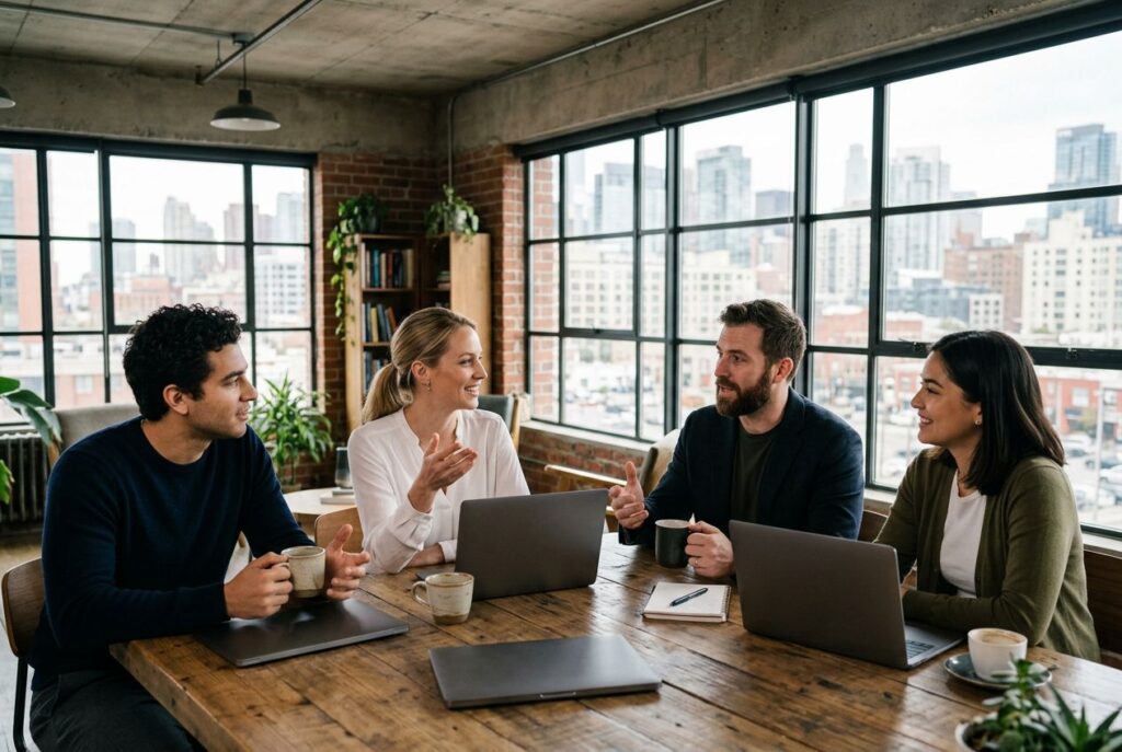 Marketing team discussing social listening options around a table in a loft office