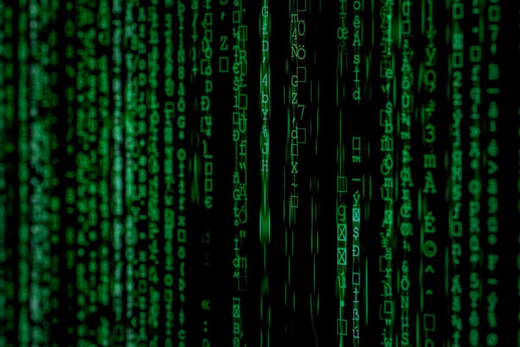 Abstract green code matrix representing synthetic data generation