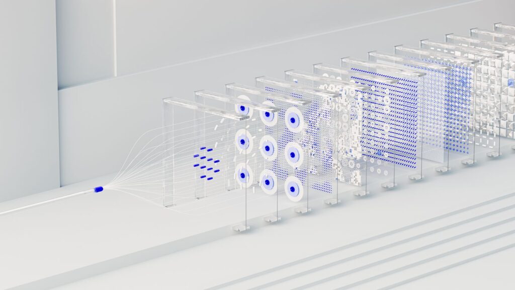 Abstract neural network visualization representing how multimodal AI models process images, audio, and text