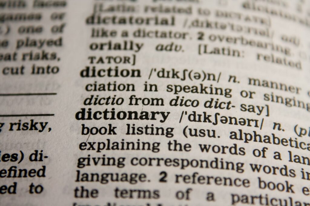 Open dictionary page representing translation between languages