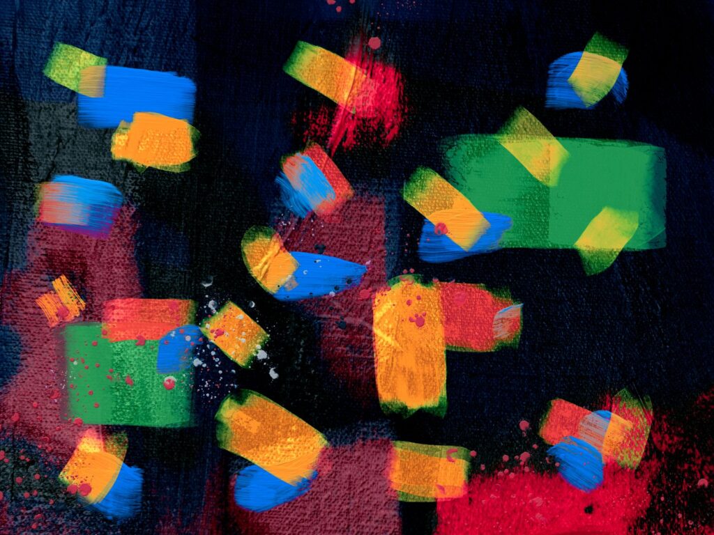 Vibrant abstract digital art representing multimodal generative AI creating across text, images, and audio