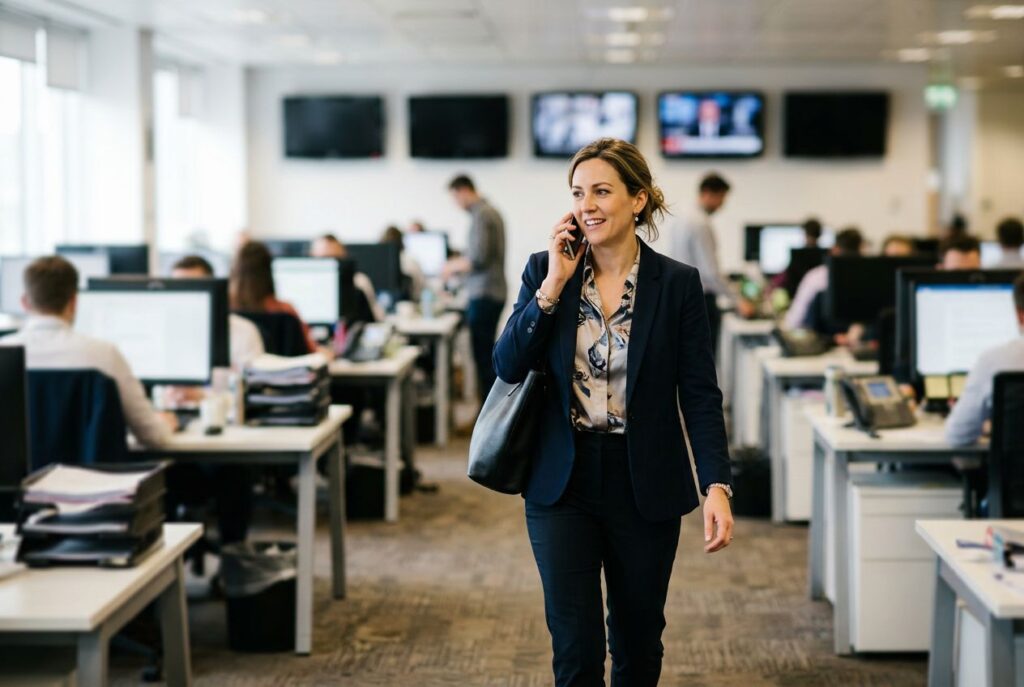 PR professional on a phone call in an open-plan office with news screens on the wall