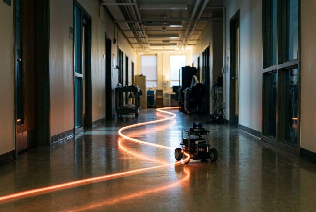 Research robot driving down a lab corridor, its tracked path drawn as a light trail on the floor