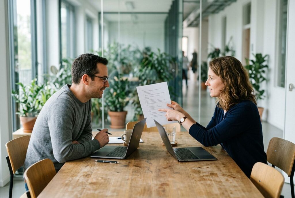 Two reviewers checking a translation printout together in a bright meeting room