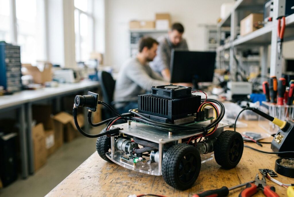 Edge AI compute module with a finned heatsink mounted on a four-wheeled robot in a robotics lab