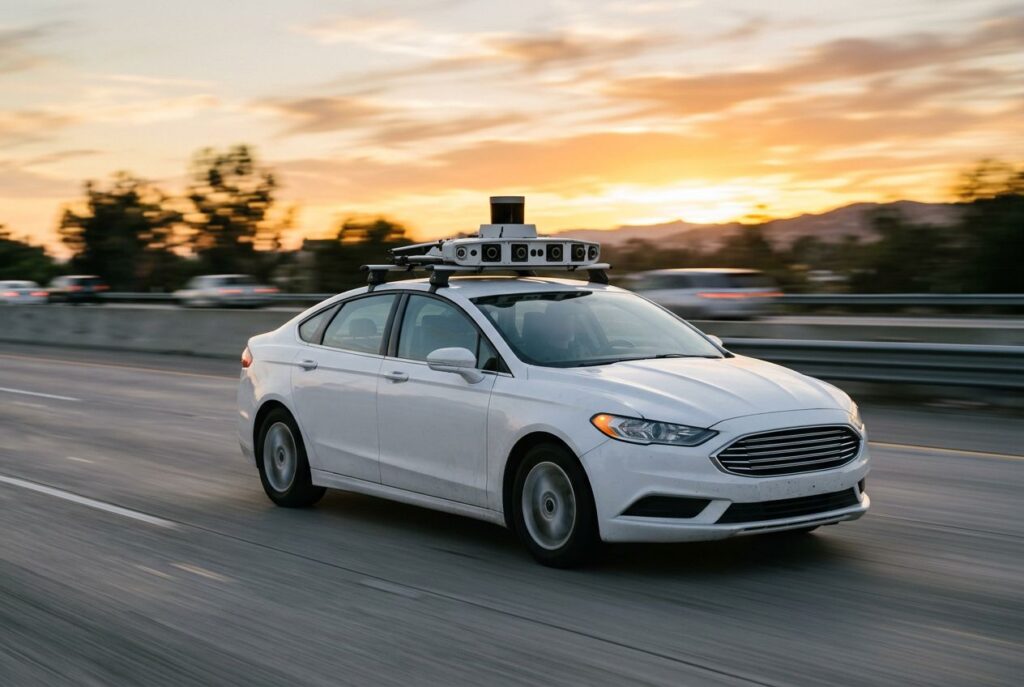 Self-driving test car with a roof-mounted rack of cameras and a LiDAR unit on a highway at sunset