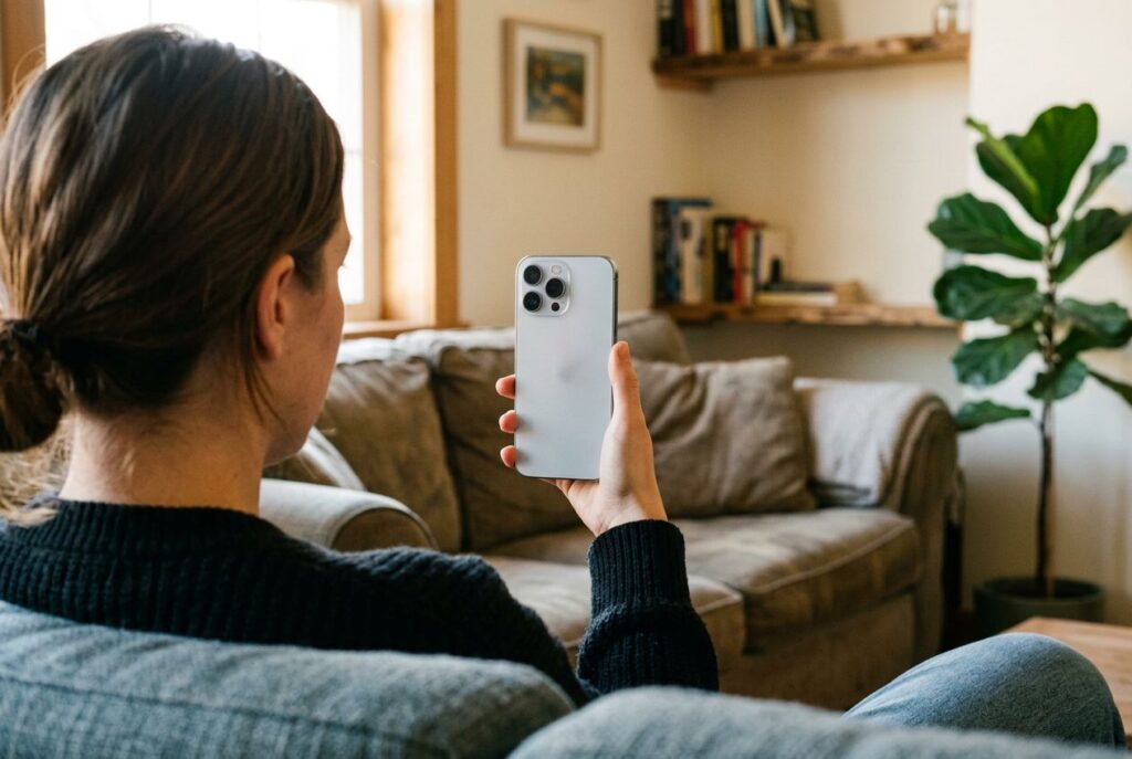 Person scanning a living room corner with a smartphone that has a LiDAR Scanner next to its cameras