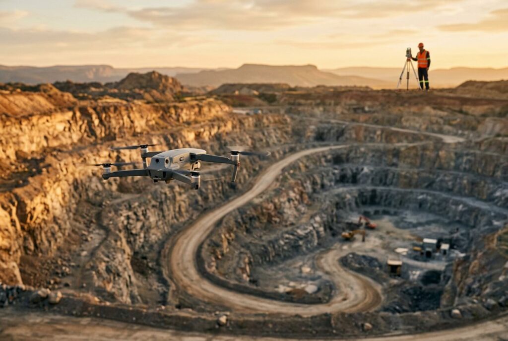 Survey drone mapping an open-pit quarry at golden hour, a surveyor standing on the rim