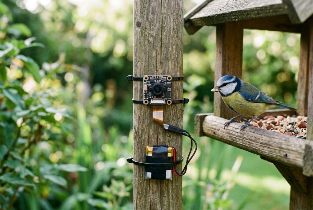 Tiny camera board tied to a garden bird feeder post, with a blue tit perched on the feeder