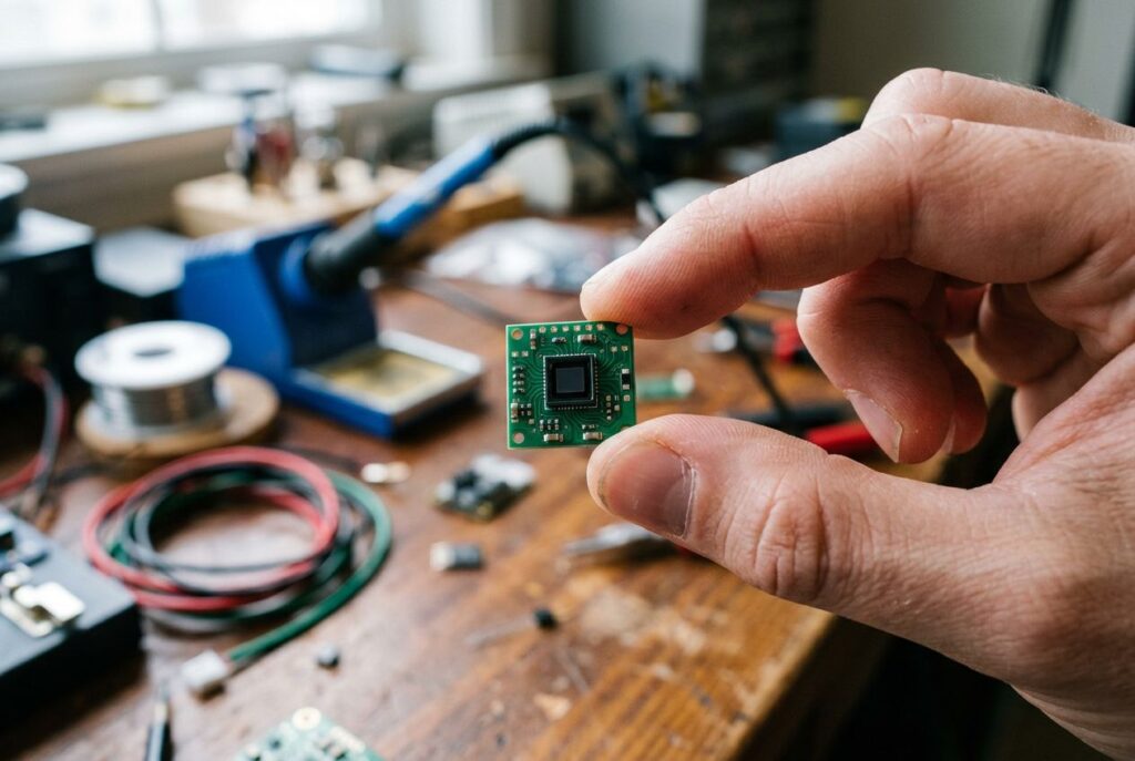 Maker holding a tiny ToF distance sensor board above a soldering workbench