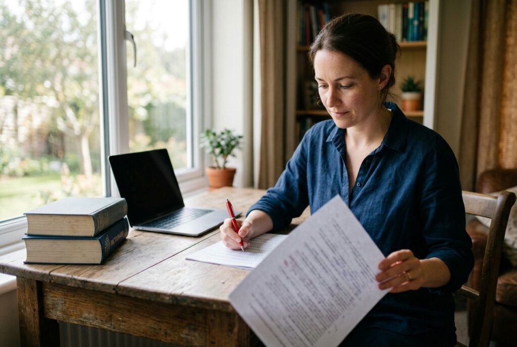 Translator post-editing a printed translation with a red pen at a desk by the window