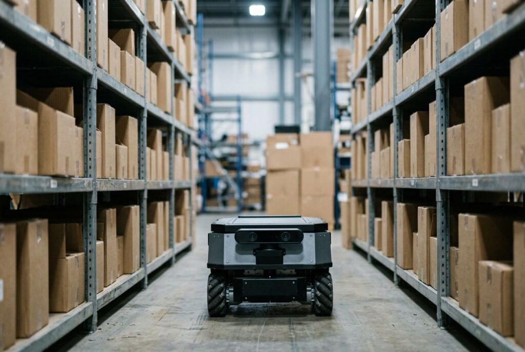 Warehouse mobile robot with a dual-lens depth camera bar driving down an aisle of shelves